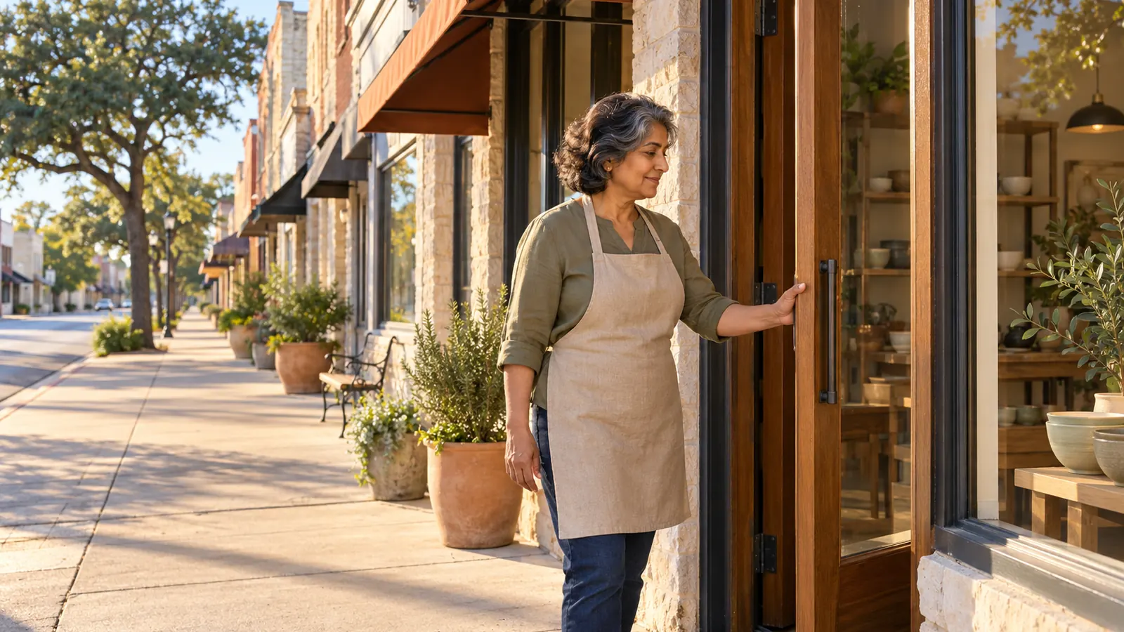 A local business owner opening a shop for the day